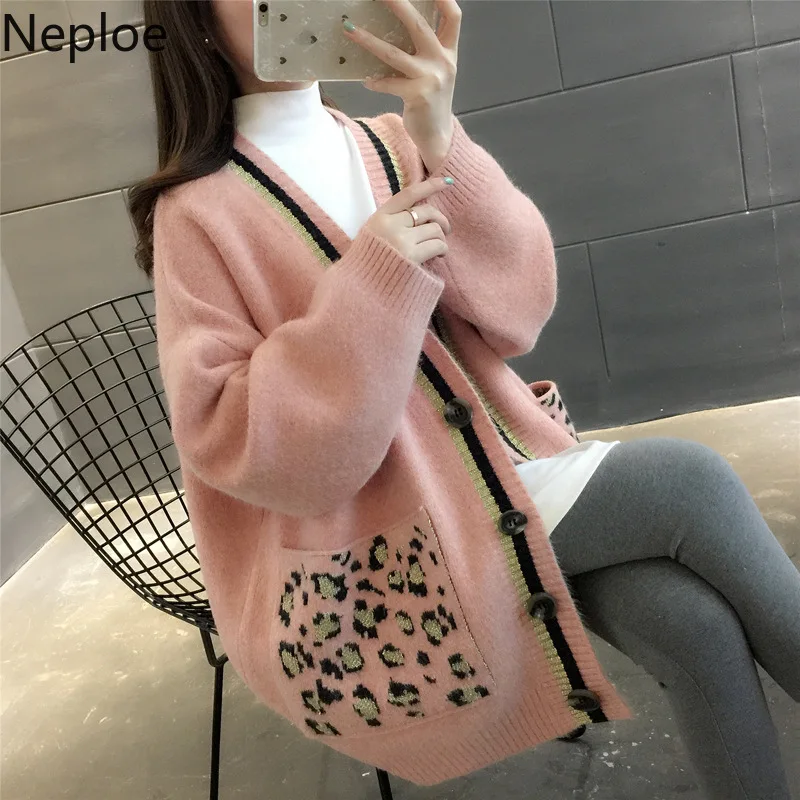 Neploe/осенне-зимние новинки, свободные Корейские вязаные кардиганы с v-образным вырезом, леопардовое лоскутное длинное пальто, милый дикий свитер 45707
