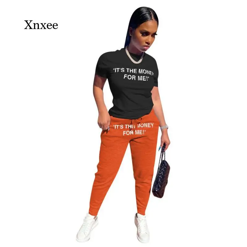 

Летняя одежда с буквенным принтом, женская спортивная одежда из двух предметов, футболка, штаны, спортивная одежда, повседневный костюм, подходящий костюм