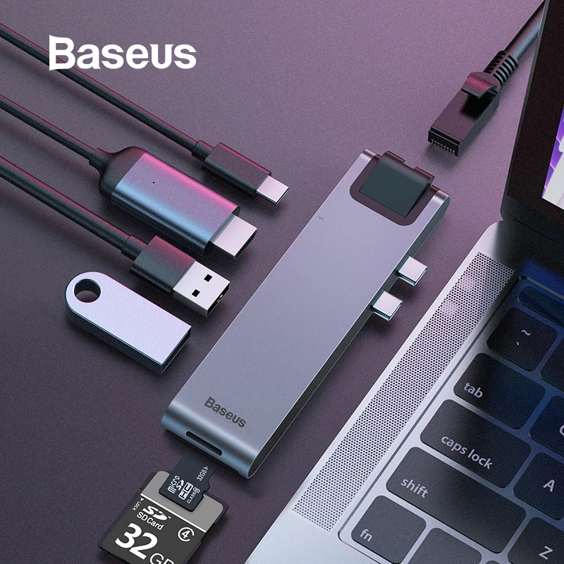 Baseus Dual Тип-C 7in1 USB 3,0 Тип C концентратор HDMI RJ45 адаптер для MacBook Pro OTG usb-хаб 3,0 PC компьютерных аксессуаров