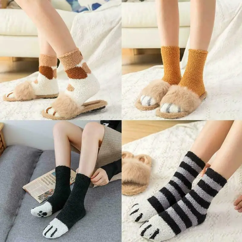 Women Girls Floor Sleep Socks Cat Claws Coral Fleece Socks Plush Soft Socks 