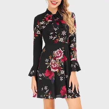 

Vintage Flower Printing Dresses Belt Stand Collar Women Slim Splicing Long Sleeve Simplicity Comfortable Chiffon A-line Dress