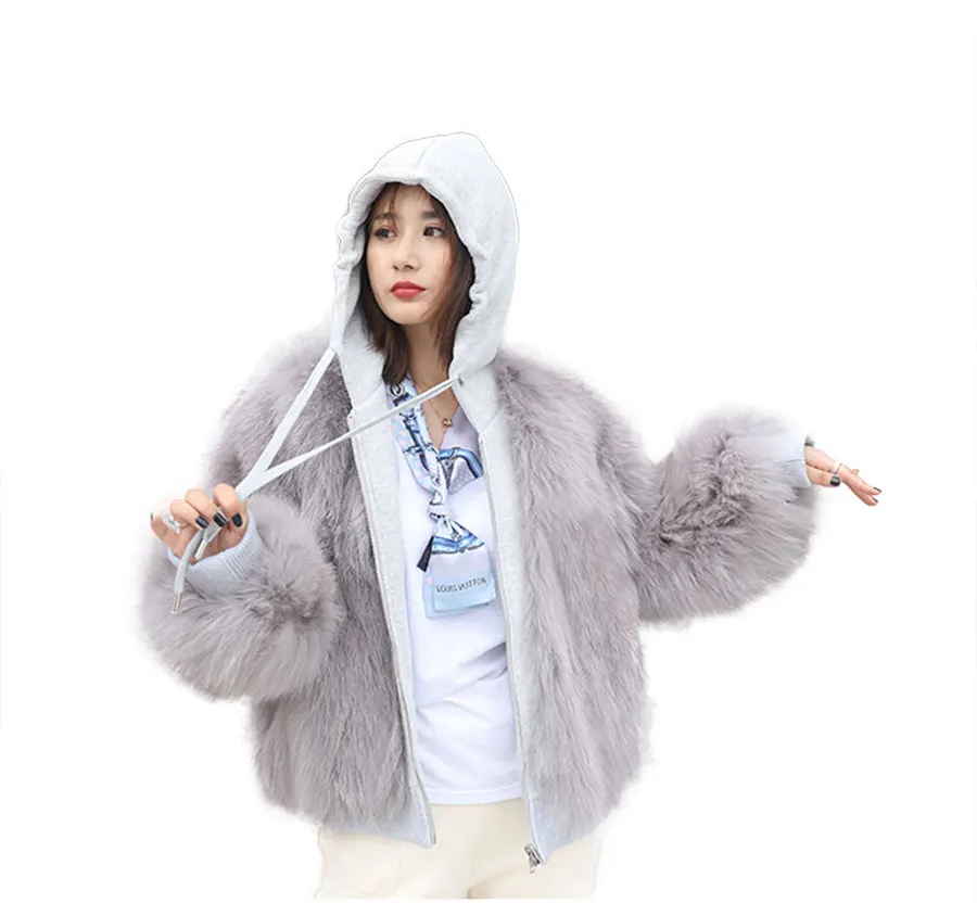 

2019 Winter Fashion Loose Casual Coat Women With Hood Genuine Fox Fur Coats Thick Warm Hooded Real Fur Jacket With Cloth Hood