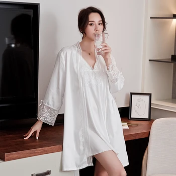

Sexy Nightdress 2PCS Sleep Set Satin Nighty&Robe Suit Women Kimono Bathrobe Gown Sleepwear Intimate Lingerie Nightwear Homewear