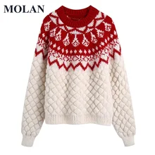 

MOLAN Fashion Chrismas Woman Casual Sweater Long Sleeve V Neck Soft Loose Warm Knitted Sweater Pullover Striped Female Chic Top