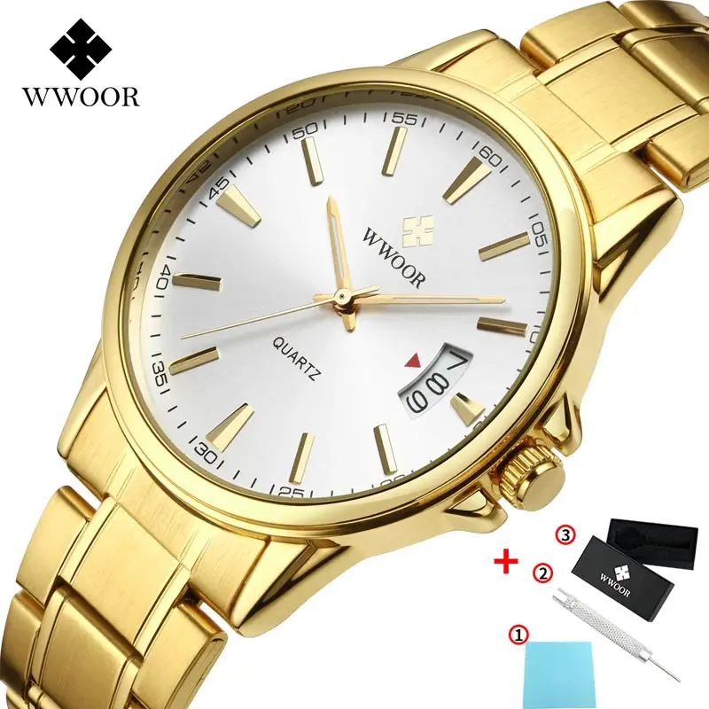 

WWOOR Luxury Brand Gold Watch Men Waterproof Quartz Sport Auto Date Watch Stainless Steel Male Clock +Gift Box Relogio Masculino