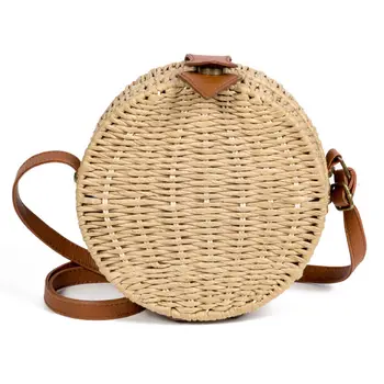 

Beach Straw Bags Retro Rattan Hand Bag Cross Body Bohemia Small Round Bag Women(Beige)