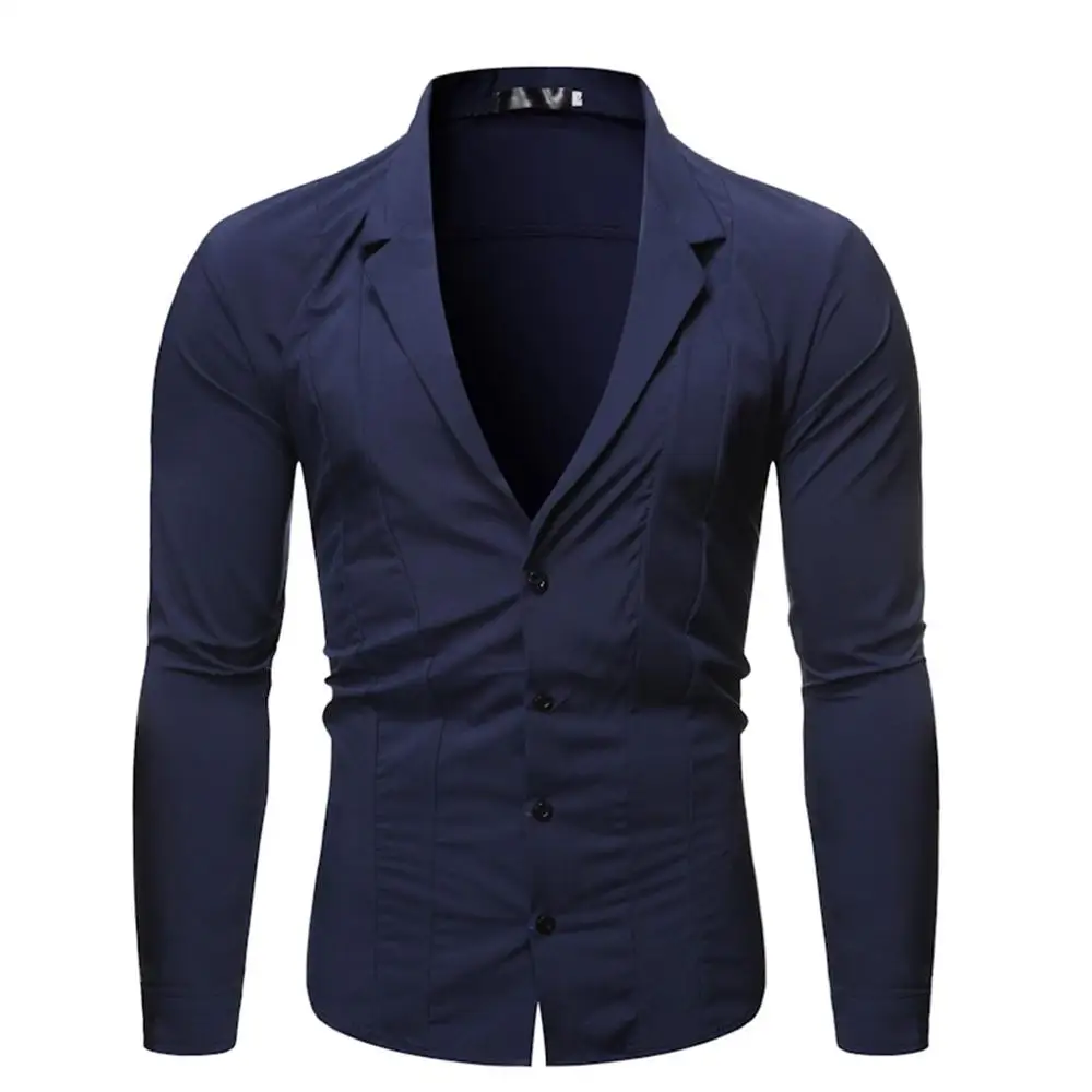Мужская рубашка с длинным рукавом, однотонный простой кардиган на пуговицах, повседневная приталенная рубашка, модная Высококачественная Мужская одежда черного и белого цвета - Цвет: Тёмно-синий