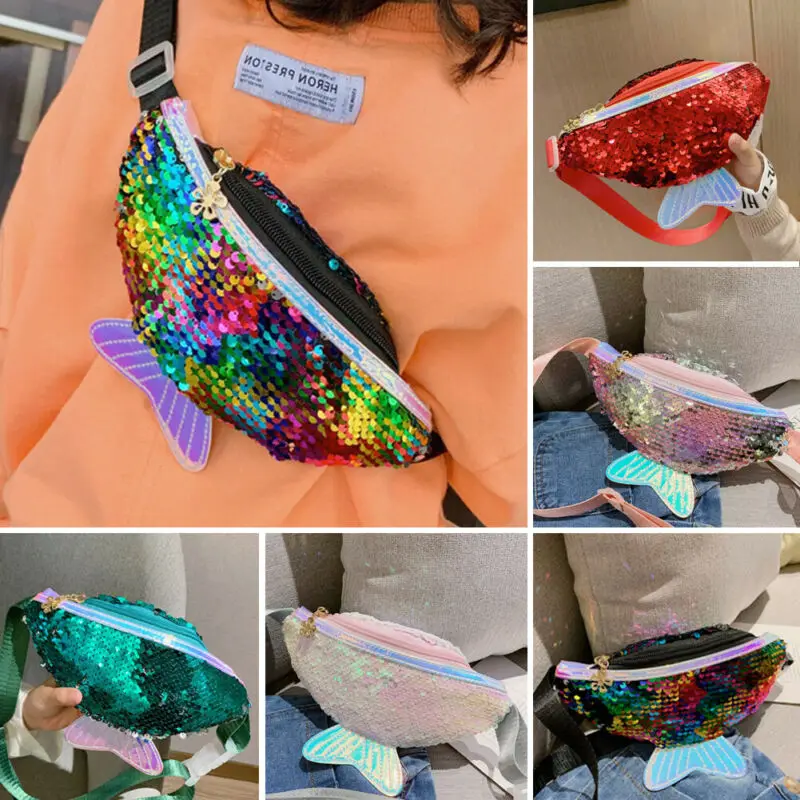 

Accessories Creative Fashion Laser Sequined Fishtail Purses Kids Waist Bag Single Shoulder Chest Bag Mobile Coin Purse Shiny Bag