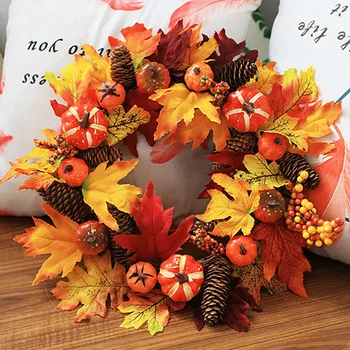 

Artificial Pumpkin Pine Cones Maple Leaves Garland Wedding Party Hanging Wreath Ornament for Thanksgiving Halloween Door Decor
