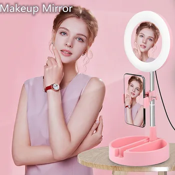 

3 Colors Desktop Ring LED Selfie Light with Makeup Mirror Phone Holder Foldable Lamp Makeup Video Makeup Mirror With Led Light