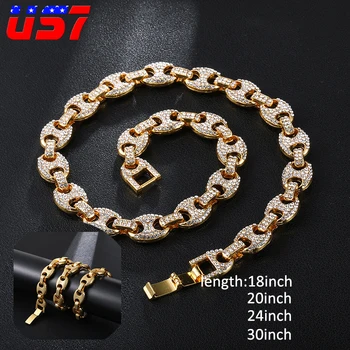 

US7 12MM Coffee Bean Link Rhinestone Necklace Hip Hop Fashion Punk Choker Chain Bling Bling Charms Jewelry 18inch,20inch,24inch