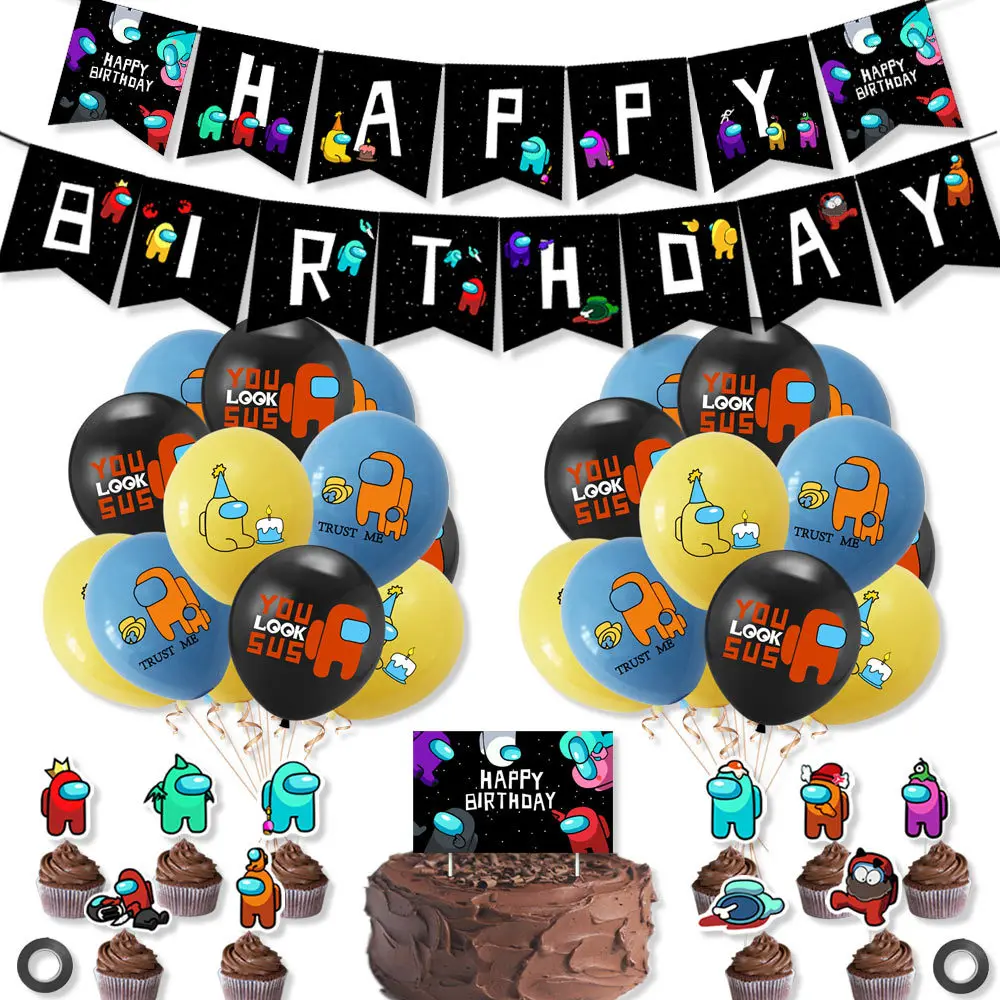 

1set Among Us Latex Balloon Game Banner Cake Topper Toys Black Happy Birthday Party Decorations Pet Cartoon Toys For Kids Adult