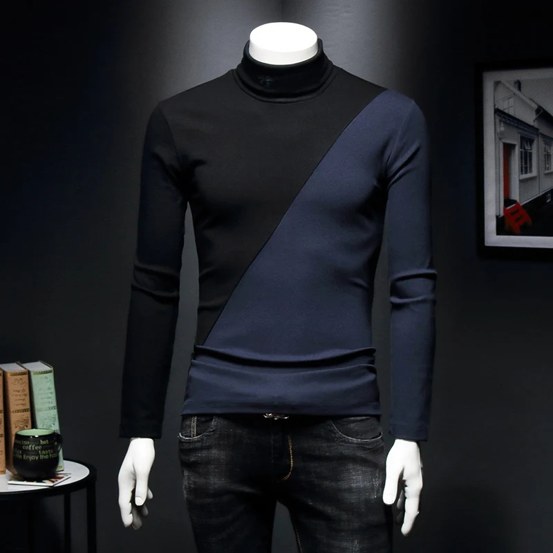 Black and blue High Lead Personality Male T Increase Down Thickening Vintage T Shirts Men Men's Wear Split Joint Long Sleeve T The Half - Цвет: Black and blue