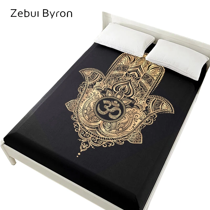 

3D Bed Sheets On Elastic Band Bed,Fitted Sheet 160x200,Mattress Cover for bed.Bedsheet Bedding,Bed Linen golden Hamsa Hand OM