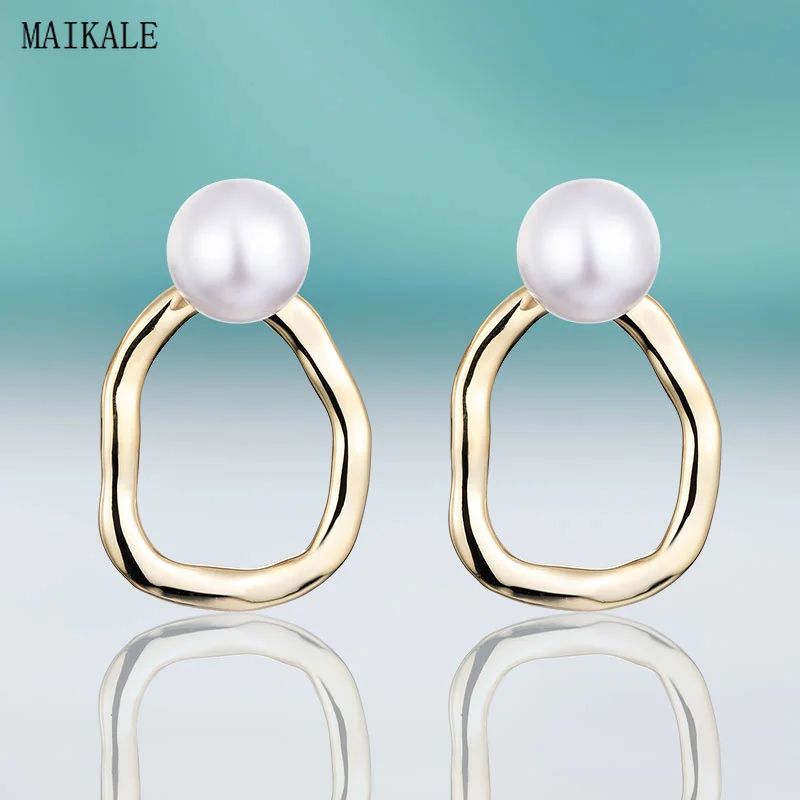 MAIKALE, простые круглые серьги-гвоздики с жемчугом, золото, Серебристый Овальный Металл, 12 мм, жемчужные серьги для женщин, ювелирные изделия, подарки