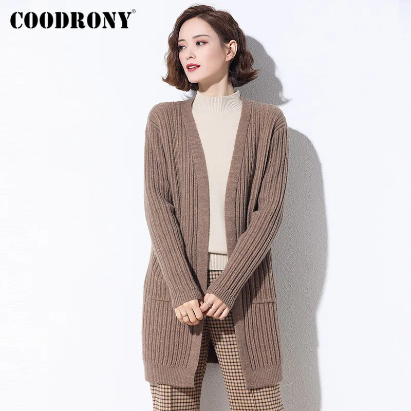 

COODRONY Brand 2020 Autumn Winter Women Pure Color Long Cardigans Elegant Style Warm Slim Pockets Sweaters Female W1093