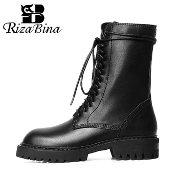 

RIZABINA Woman Short Boots Leather Shine Flat Heel Winter Shoes Woman Warm Fashion Cool Mid Calf Boots Woman Footwear Size 34-43