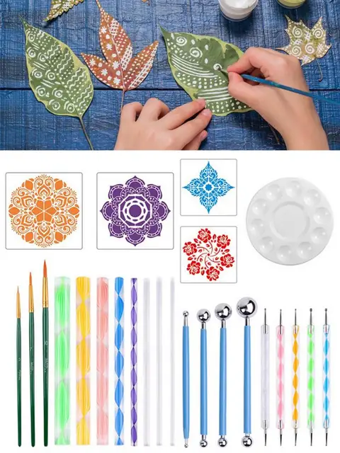 25PCS Mandala Dotting Tools Set Pen Dotting Tool Mandala Stencil Ball Stylus Paint Tray Painting Rock Coloring Drawing Supplies 4