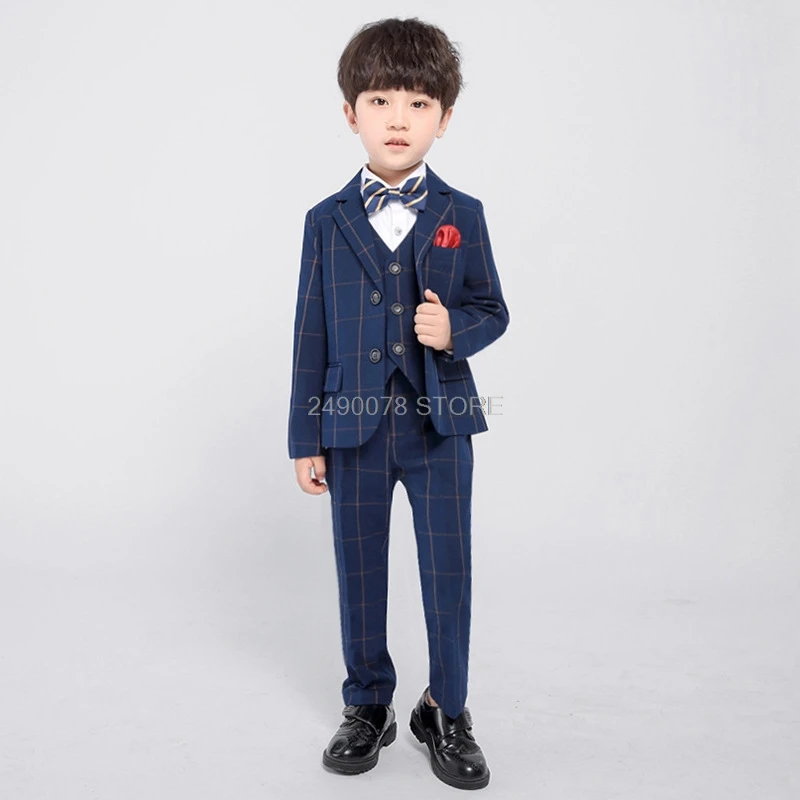 Jakcet Vest Pants B Торжественный клетчатый Свадебный костюм с цветочным узором для мальчиков, детский блейзер в английском стиле+ штаны+ жилет+ галстук, костюм из 4 предметов для мальчиков, детский праздничный костюм - Цвет: Jakcet Vest Pants B