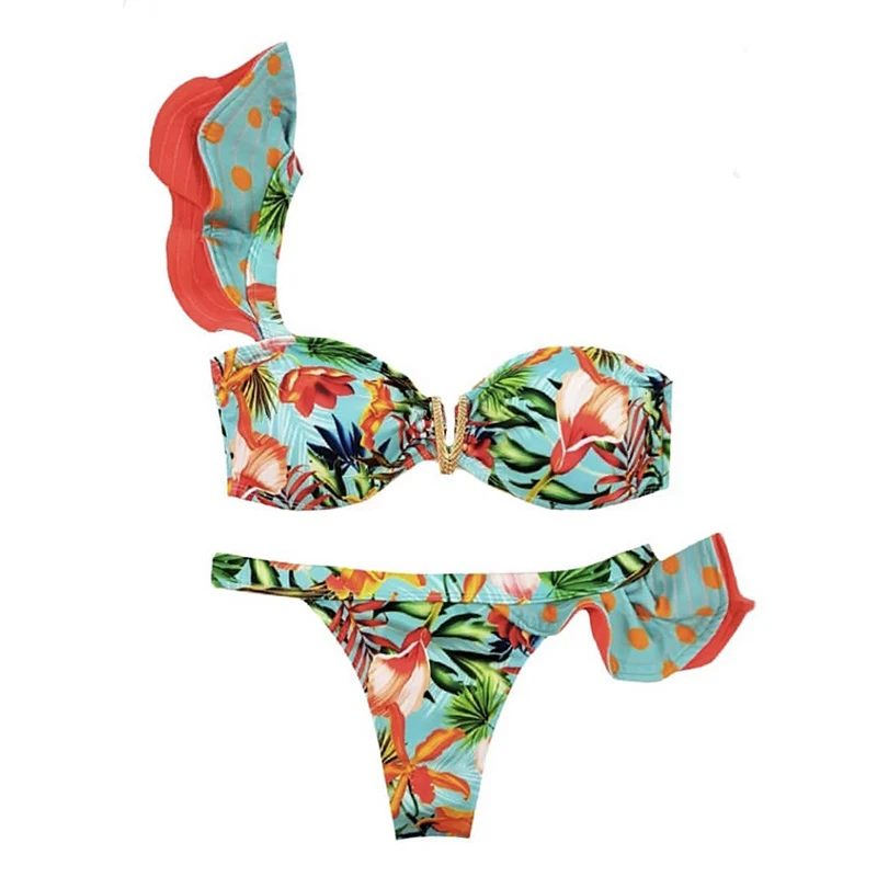 

Sexy Bandeau 2 Pieces Swimsuit Ruffle Bikini Floral Print Women Thong Biquini 2020 Bathing Suits Bikini Sets