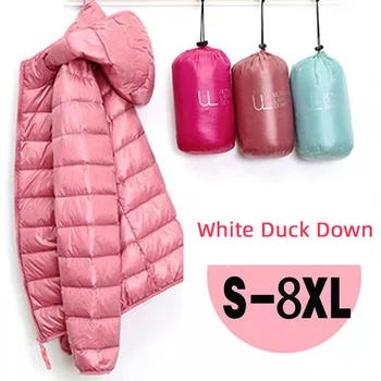 Ultra Light Winter White Duck Down Jacket Women Lightweight Padded Female Jacket Slim 6XL 7XL 8XL Quality Girls Hood Coat 2023