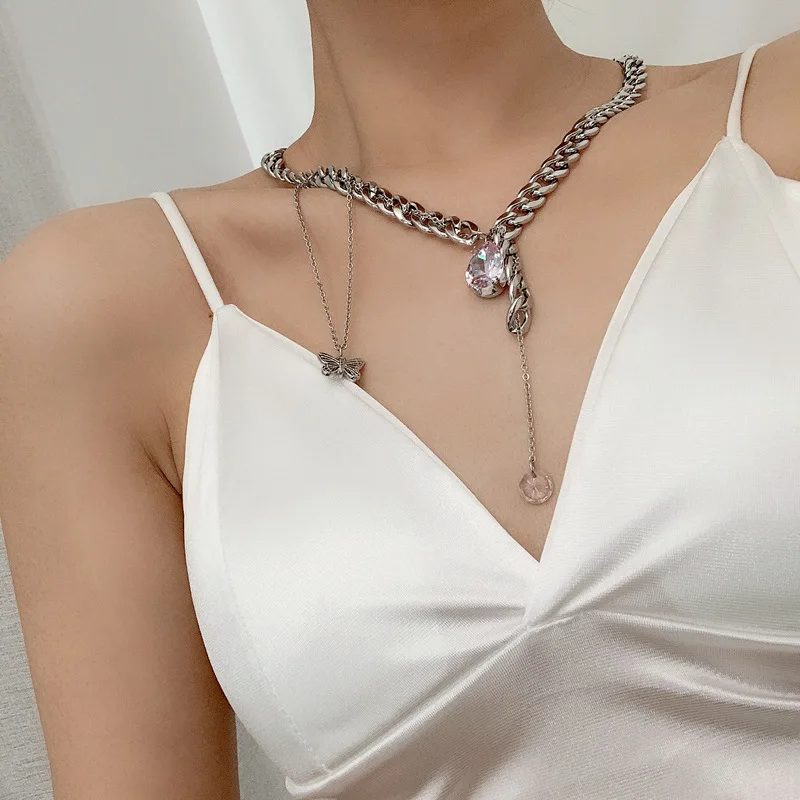 Orgin Summer Unique Design Chunky Chain Rhinestone Butterfly Pendant Necklace CZ Zirconia Waterdrop Jewelry Hot | Украшения и