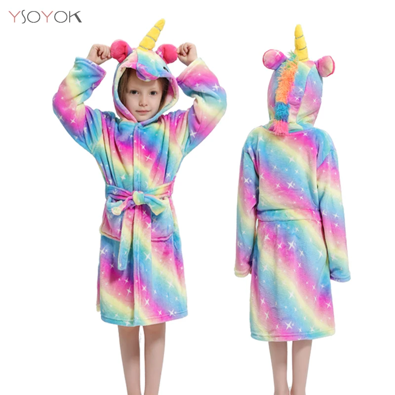 Детский банный халат с единорогом, зимний детский банный халат кигуруми, фланелевая одежда для сна с животными для больших мальчиков и девочек, пижама, ночная рубашка - Цвет: Rainbow stars