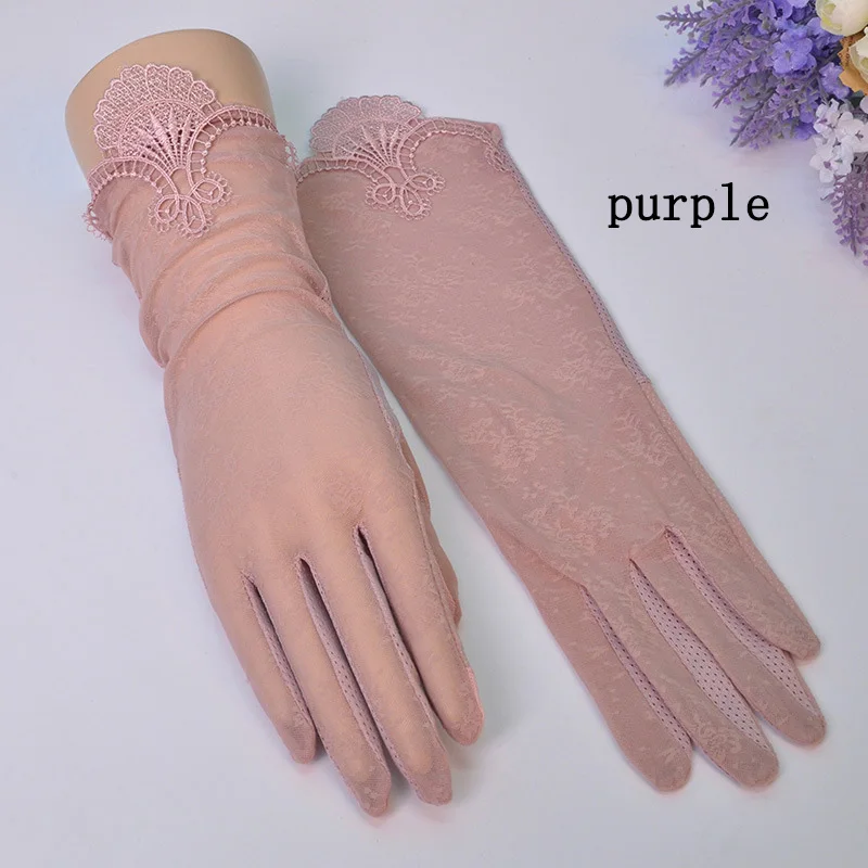Новинка, женские перчатки с защитой от солнца, женские летние тонкие противоскользящие кружевные женские перчатки для вождения - Цвет: purple