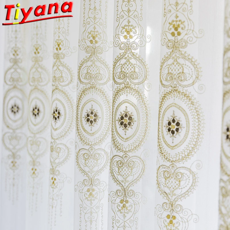 

Gold Geometric Pattern Embroidered Sheer Gauze Tulle Curtains for Living Room White Tulle Nordic Embroidery Tulle WH082#20