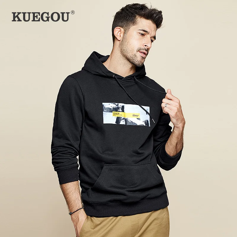 

KUEGOU 2019 Autumn Cotton Black Print Pocket Hoodie Men Hoody Sweatshirt Hip Hop Japanese Streetwear Male Fashion Clothes 0941