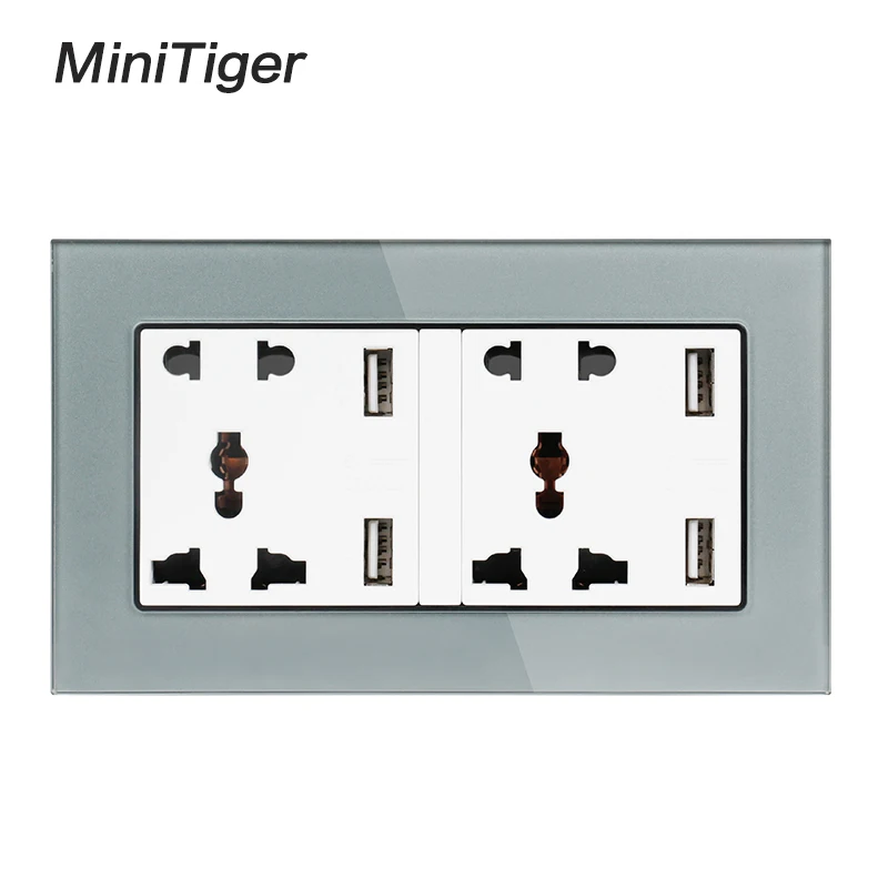 Minitiger Tempered Glass Panel Wall Socket Dual Universal 5 Hole Power Outlet With 4 USB Smart Induction Charger Port for Mobile |