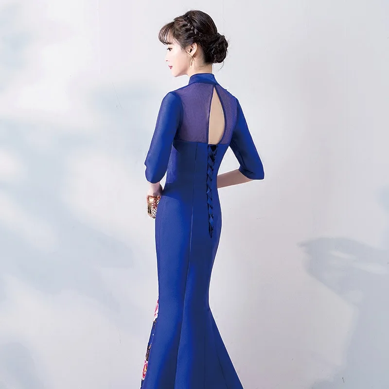 Черные модные китайский сексуальный Восточный вечерние женские Cheongsam шоу на сцене платье Qipao; элегантные туфли в стиле знаменитостей; для торжеств Платья De Festa