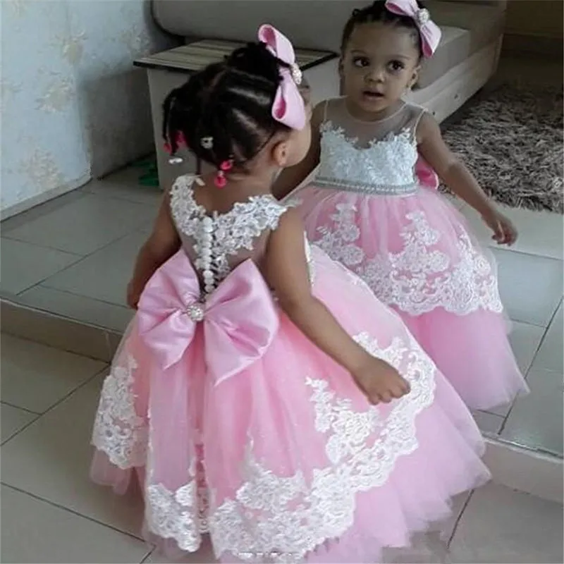 78Pink Lace Ball Gowns Flower Girls Pageant Dresses With Train First Communion Dresses For Weddings Vestidos deminha