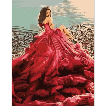 

Painting By Numbers DIY Dropshipping 40x50 60x75cm Beautiful red dress girl Figure Canvas Wedding Decoration Art picture Gift