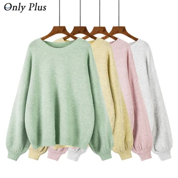 

Only Plus Women Pullover and Sweaters 2019 Winter Warm mohair Casual Loose Knirwear Sweater Green O-Neck Sueter mujer