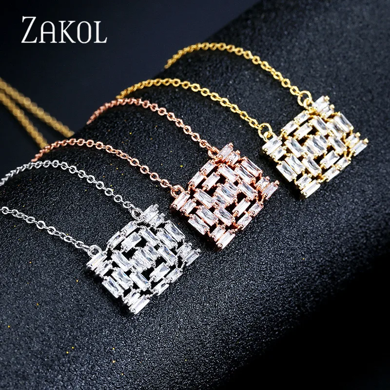 ZAKOL Горячая багет T Форма кубического циркония ожерелье с квадратными подвесками