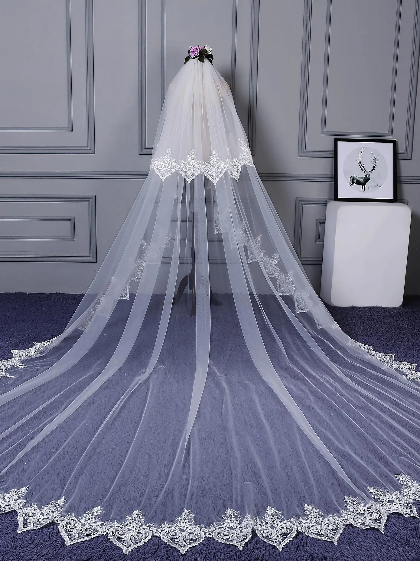 

Fancy Two Layer Lace Edge Wedding Veil Delicate Ivory Tulle Simple Long Bridal Wedding Veil