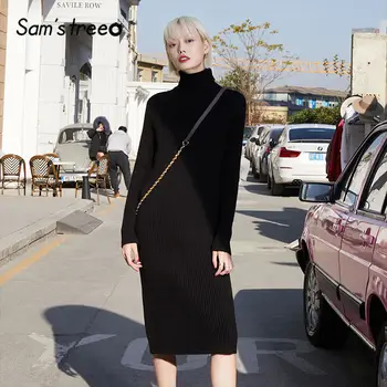 SAM'S TREE, многоцветный однотонный минималистичный вязаный пуловер, платье-свитер для женщин, зима 2020, чистый разрез, длинный рукав, мягкие женс...