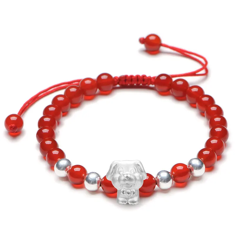 

3D99 Pure Silver Zodiac Dog Red Agate Lucky Beads Bracelets Men And Women-Year of the Dog Year of Fate Fine Silver Couples Brace