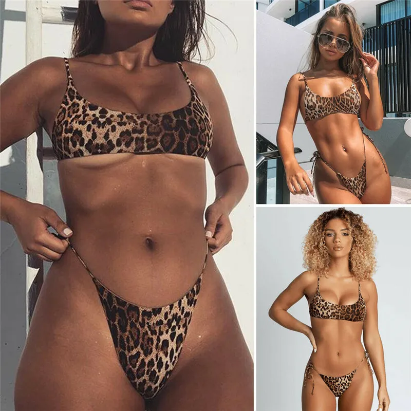 

NiceVintage Leopard Women Bathing Two-piece Swimsuit Sexy bandeau maillot de bain Padded bra Thong Swimsuit Beachwear Bikini