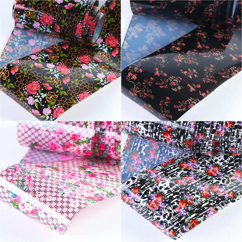 Flower Nail Foils Transfer Decals Wrap Sticker New Design Black Base Manicure Slider (16)