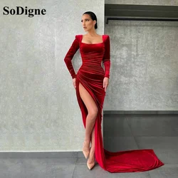 SoDigne Red Velour Simple Sabric Women Evening Dress Long Sleeves Side Slit Formal Party Gowns vestidos de fiesta