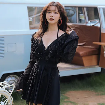 

Bathing Suit Women One Piece Bikinis Female 2019 Swimwear May Beach Bikini One-Piece Swimsuit New Three Long Sleeve Sexy Print