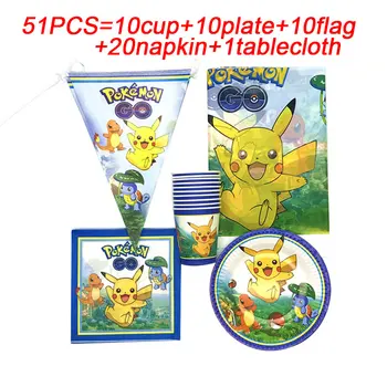 

Birthday Party Pokemon Theme Tablecloth Cups Plates Wedding Party Disposable Tableware Banner/Flags Pikachu Party Supplies Decor