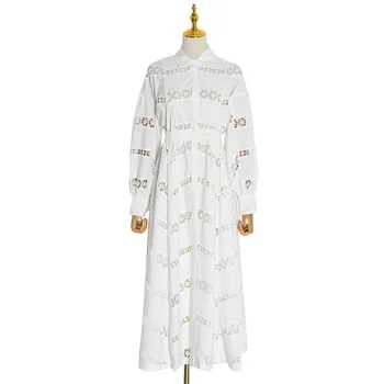 

Beach Style Dresses Women Lapel Lantern Wrist Sleeve Hollow Out Patchwork Lace Dress Female 2020 Spring Fashion New