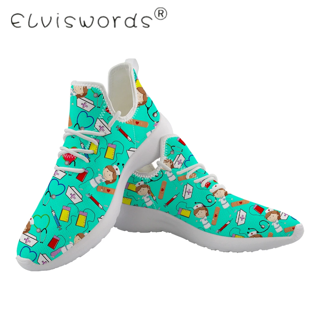 

ELVISWORDS Cute White Nurse Pattern Couple Shoes Women Men Vulcanized Flat shoes Print on demand Knitting Mesh Sneakers For Lady