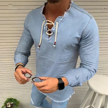 

Brand 2020 New Men's Denim T-shirt Long Sleeves Jeans Shirts Smart Casual Fashion Men Clothes S-XXXL