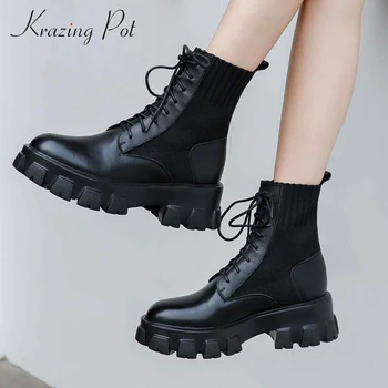 

Krazing Pot knitting boots real cow leather patchwork platform round toe thick high heel lace up maiden preppy ankle boots L82
