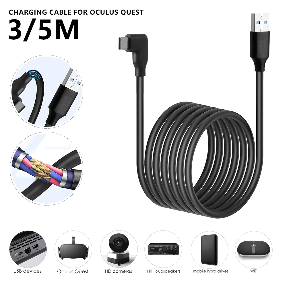 Oculus Quest-Cable de enlace USB 3,0, accesorio de transferencia de datos de alta velocidad para Oculus Quest 2, con compatibilidad de ángulo recto tipo c, 5M y 3M