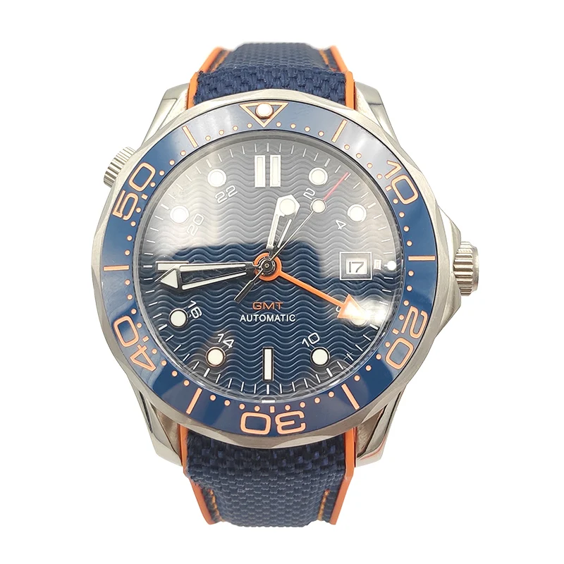 

Top Brand PHYLIDA GMT 100M Water Resistant Automatic Men's Watch Sapphire Crystal Diver Blue Wave Dial Sea master Style 4 Hands